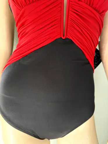 Magicsuit by Miraclesuit Red Black One Piece Swimsuit Tummy Control Look Slimmer Size 8
