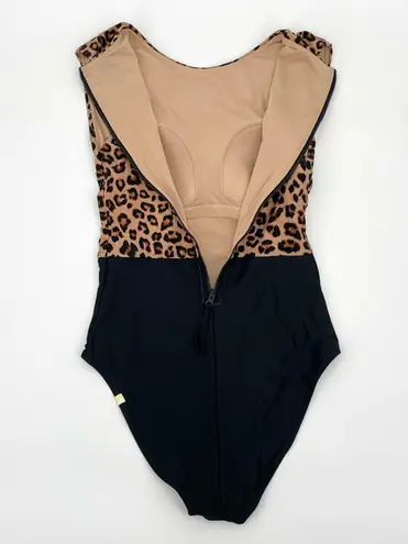 Summersalt The Surf One Piece Swimsuit Leopard Print Black Zip Up Back Size 4