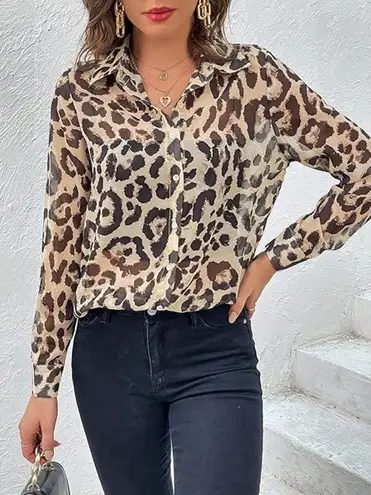 Leopard Print Sheer Button Front Blouse Tan Gold Navy Women’s Large Unbranded