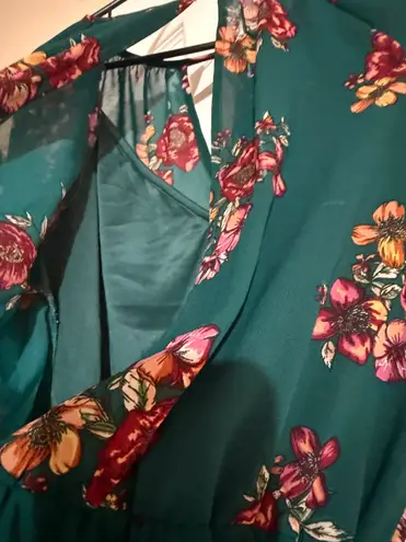 Bailey blue Green Floral Romper with Long Sheer Sleeves