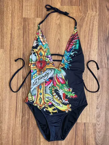 Ed Hardy Vintage Y2K Rare Black Dragon Cross Rhinestone Edgy One Piece Swimsuit