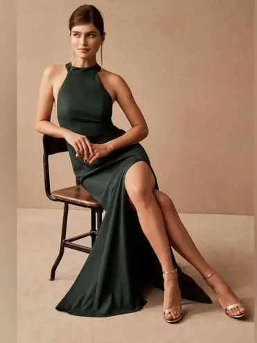 BHLDN Lennox Halter Open-Back Side-Slit Stretch Crepe Gown in Dark Emerald