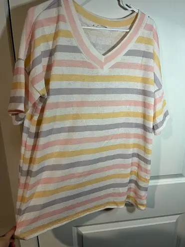 BomBom Pastel Stripped Knitted Spandex Polyester Short Sleeve Blouse Size XL