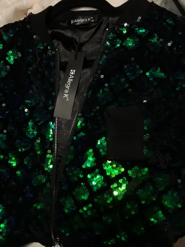 Allegra K Sequin Jacket Green Zip-Up