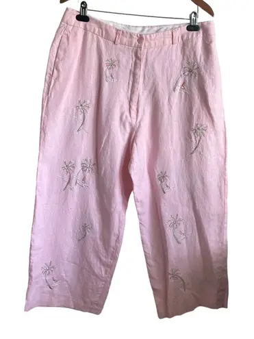 Saint Tropez West Women 16 Pink Linen Crop Pants Palm Tree Print Beachy Coastal
