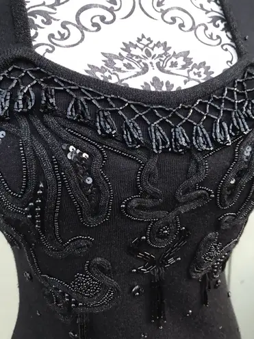 carole little Vintage 90s Beaded Tassel Little Black Sweater Knit Dress P/P