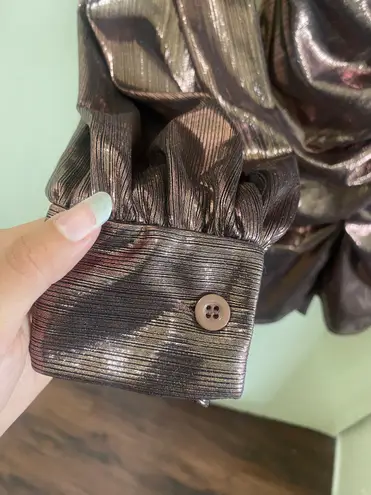 Small Pink Rose Gold Metallic Ruched Plunge Neck Long Sleeve Wrap Cocktail Dress