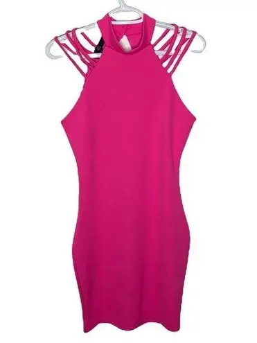 Missguided hot pink bodycon halter neck strappy club mini dress size 6