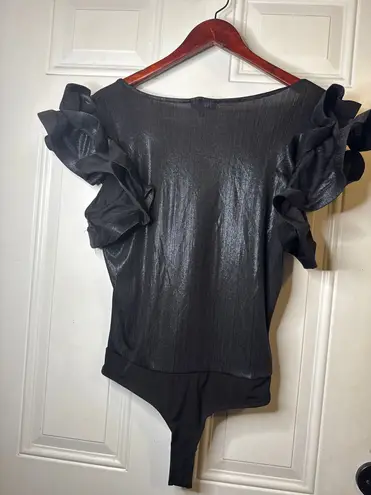 Black Metallic Ruffle Sleeve Bodysuit – Elegant Shimmer Top Chic Style (Size M) Size M