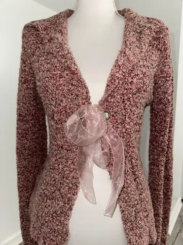 Vintage Favorite Sweater Boucle Cardigan L Pink Ribbon Tie Soft Babydoll Y2K Size L