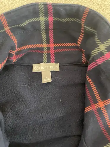 T by Talbot Jacket Women Large Multi Color Plaid Elbow Patch Golf Full Zip Blue