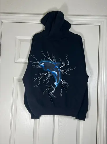 SeaWorld Women’s Black Full Zip Hooded Jacket With Orca Lightning Graphic Size S