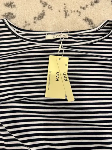 Navy and White Striped Wrap Dress w/Pockets Blue