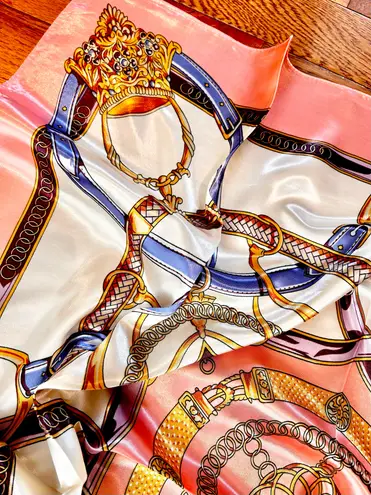 Vintage Equestrian PINK PEACH Royal Crown print oversized silky Scarf 35/35
