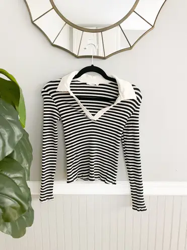 Mango Ribbed Knit Black White Striped Cropped Collared Top