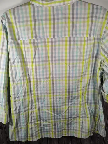 Christopher & Banks  Shirt Women's Large Blue Lime Gray White Plaid Button Up