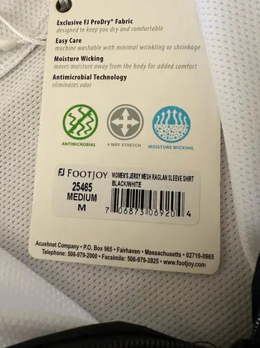 FootJoy NWT FJ Foot Joy Woman’s JERSY MESH RAGLAN Sleeve Shirt Black/White, Sz M