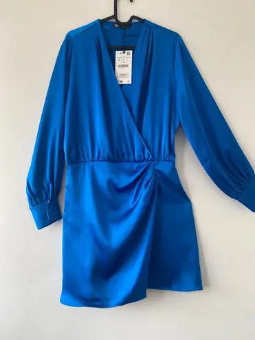 ZARA Dress blue long sleeve draped wrapped mini party cocktail wedding