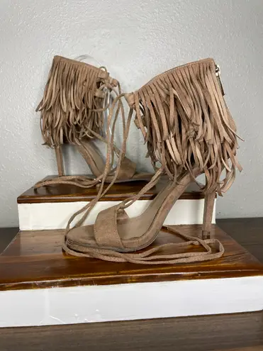 breckelle's Tan Roma-63 Suede Peep Toe Fringe Gilly Tie Stiletto Zip Heel 7