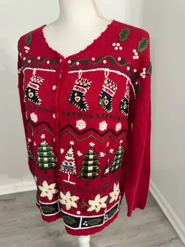 heirloom collectibles Christmas Cardigan Red Embroidered Trees Stockings M