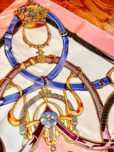 Vintage Equestrian PINK PEACH Royal Crown print oversized silky Scarf 35/35