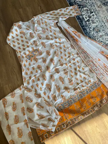 Indian Designer Kurta Palazzo Dupatta Set Women Salwar Kameez Ready To Wear Suit Gold Size XL