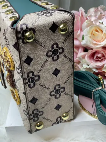 Fluffy Bear Decor Top Handle Purse, Faux Leather, Removable strap. Green strap Brown