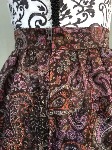 Vintage 70s 80s Dimension V Sheer Brown Pink Paisley Knee Length Skirt Midi S