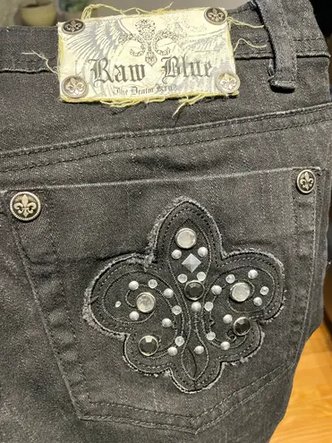 Raw Blue Premium Denim Flour De Liz Lis Raw Grommets Vintage y2k chain Embellished Skinny jeans Patch work Rock Punk Goth faded stone distressed Chain