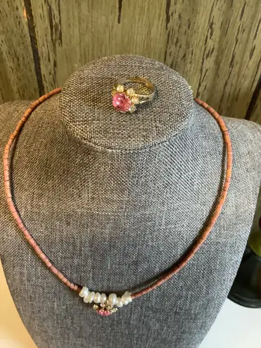 Handmade Pink Sparkle Pendant White Fresh Water Pearl Choker Set / Vintage Ring