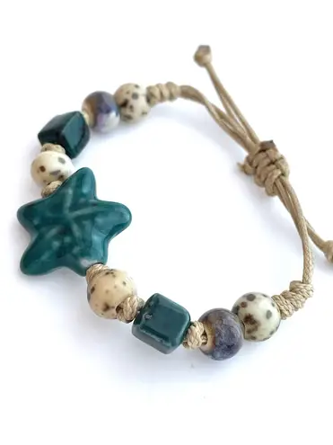 Star fish Bracelet blue teal cream brown ceramic Beads Adjustable X