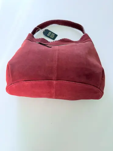 New Genuine Suede Burgundy Whipstitch Hobo Shoulder Bag Short Handle Wide Base Red