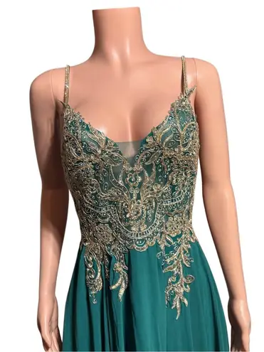 Chica teal green gold embroidery spaghetti straps lace up maxi dress XL