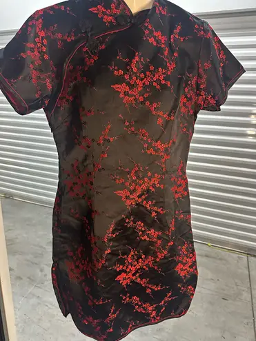 New Qipao Cheongsam Dress Black Red Floral Size M