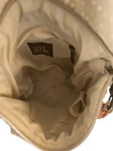 The Sak Crochet Crossbody Bag Beige with Pink Accents – Boho Mesh Flap Purse