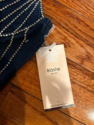 Blashe NWT VIRAL SEXY Blue Denim Fringe Rhinestone Jeweled Sleeveless Bodysuit M Size M