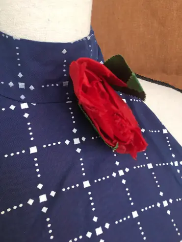 Vintage 70s House Of Bianchi Navy Blue Dot Check Maxi Dress Full Skirt Ruffle S