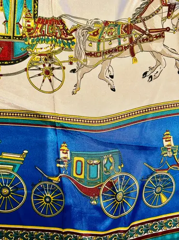 VINTAGE EQUESTRIAN horse&carriage ROYAL BLUE silky SCARF 35’/35’ inches