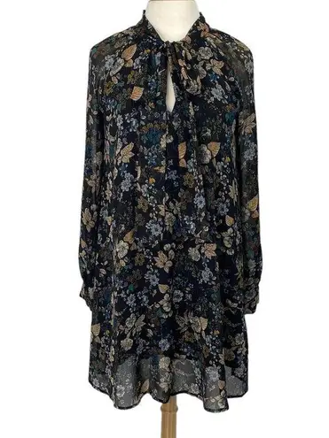 Moon River Mini Dress Tie Bow Neck Navy Allover Floral Print Womens Medium