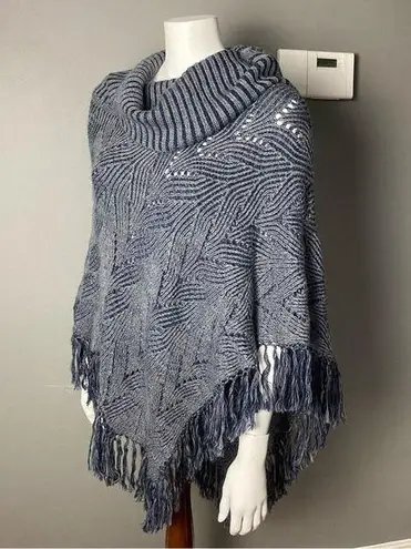 BCBG MaxAzria poncho sweater turtle funnel neck fringe denim blue grey one size