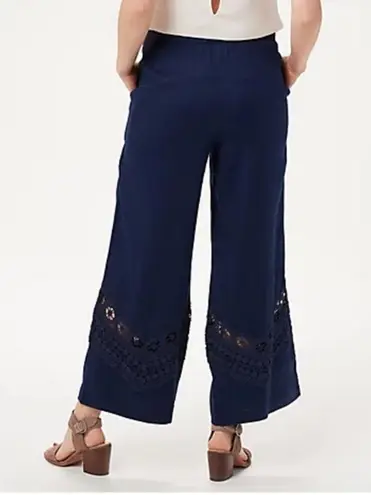 Susan Graver Linen Blend Ankle Pants Crochet Detail Navy Blue Size 12