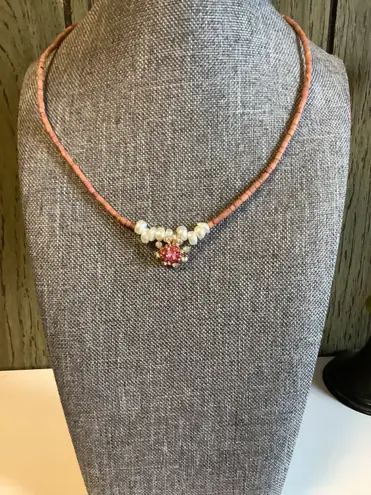 Handmade Pink Sparkle Pendant White Fresh Water Pearl Choker Set / Vintage Ring