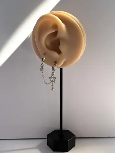 Double Piercing Dangle Chain Star Earrings for Women Silver