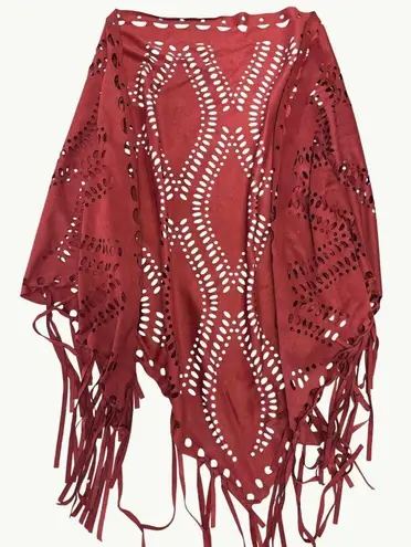 Bohemian Red Laser Cut Fringe Shawl 65 inch Full Shoulder Brown