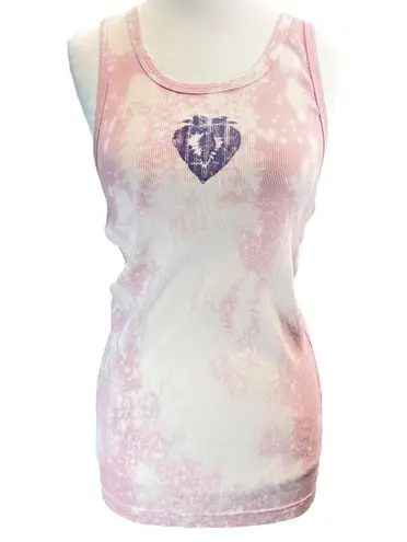 Deal Worthy Womens Tank Top Pink Bleach Tie Dye Heart Graphic Ribbed Knit Medium