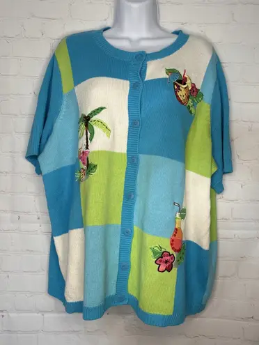 Breckenridge Vintage Woman Sweater 2X Tropical Patchwork Ramie Knit Cardigan