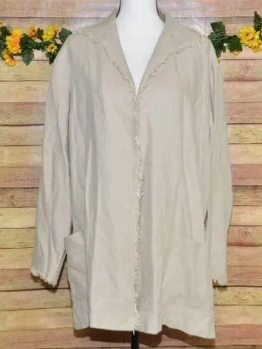 Lafayette 148 Vintage 100% Linen Open Front Jacket Size L Raw Trim Neutral Khaki