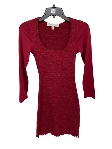 Row A Deep Red Smocked Square Neck LongSleeve Bodycon MiniDress