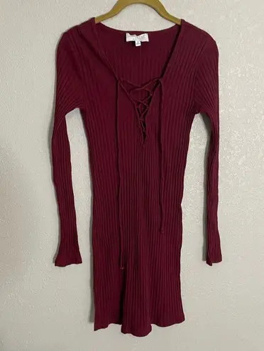 Kendall + Kylie  Burgundy Ribbed Tie Neckline Bodycon Dress Small