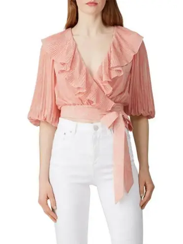Amur 💕💕 Naya Ruffled Wrap Top Lemon Peach Rose Lace Small Puff Sleeve Crop Top